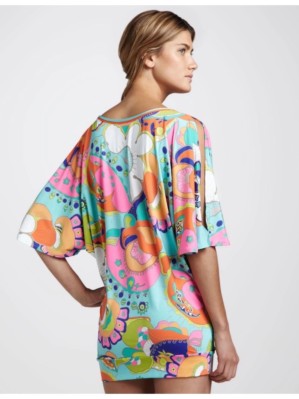 TRINA TURK Groovy Floral Dolman V-Neck Reversible Swim Cover-Up Dress L